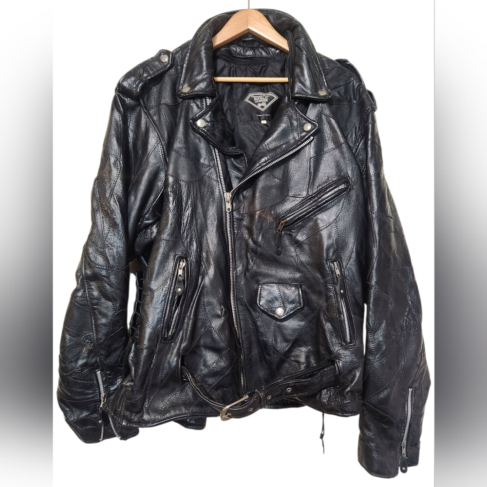 Vintage Diamond Plate Buffalo Leather Patchwork Black Motorcycle Jacket XXL